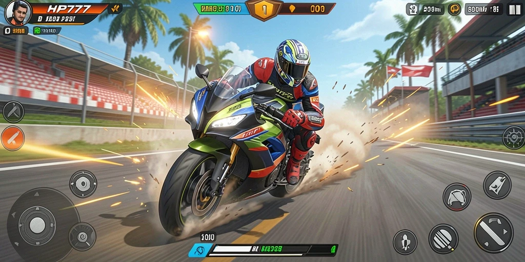Tampilan gameplay seru HP777 dengan motor balap yang mendebarkan.