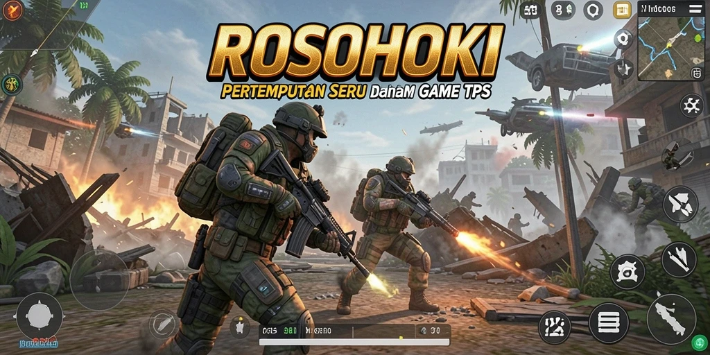 Tampilan gameplay menegangkan dalam ROSOHOKI dengan aksi tembak-menembak yang seru.