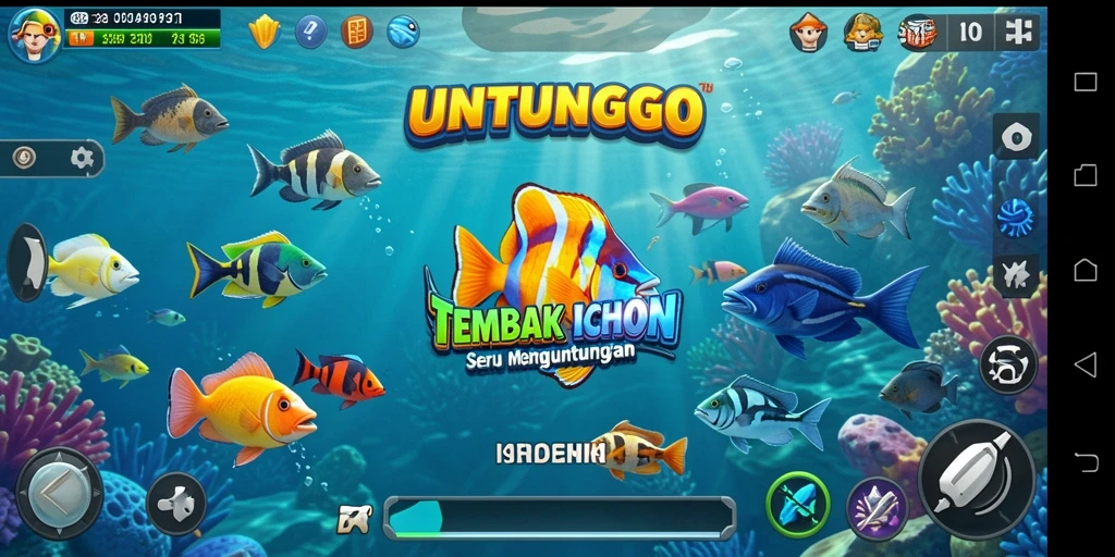 Screenshot gameplay UNTUNGGO menampilkan aksi menembak ikan yang seru.